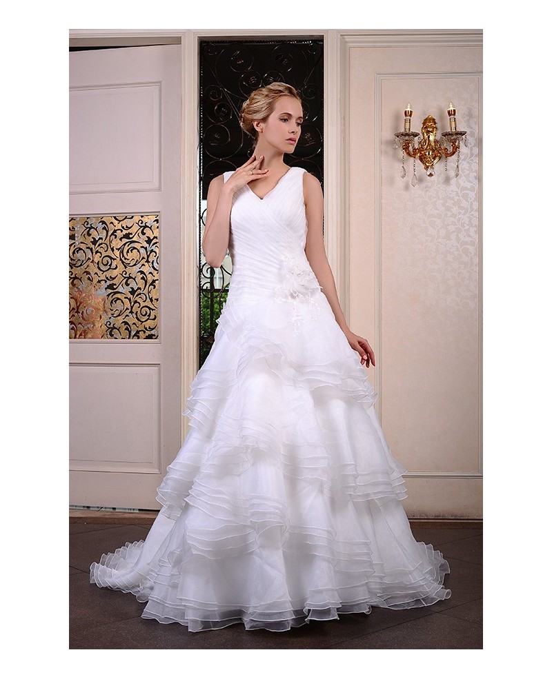 Ball-Gown V-neck Court Train Organza Wedding Dress With Flowers Pleated Ruffles - Click Image to Close