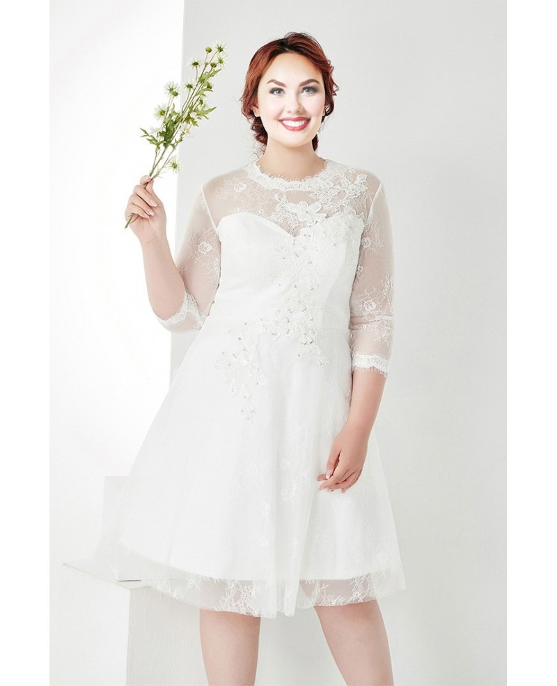 Modest Plus Size White Lace 3/4 Sleeves Short Wedding Dress
