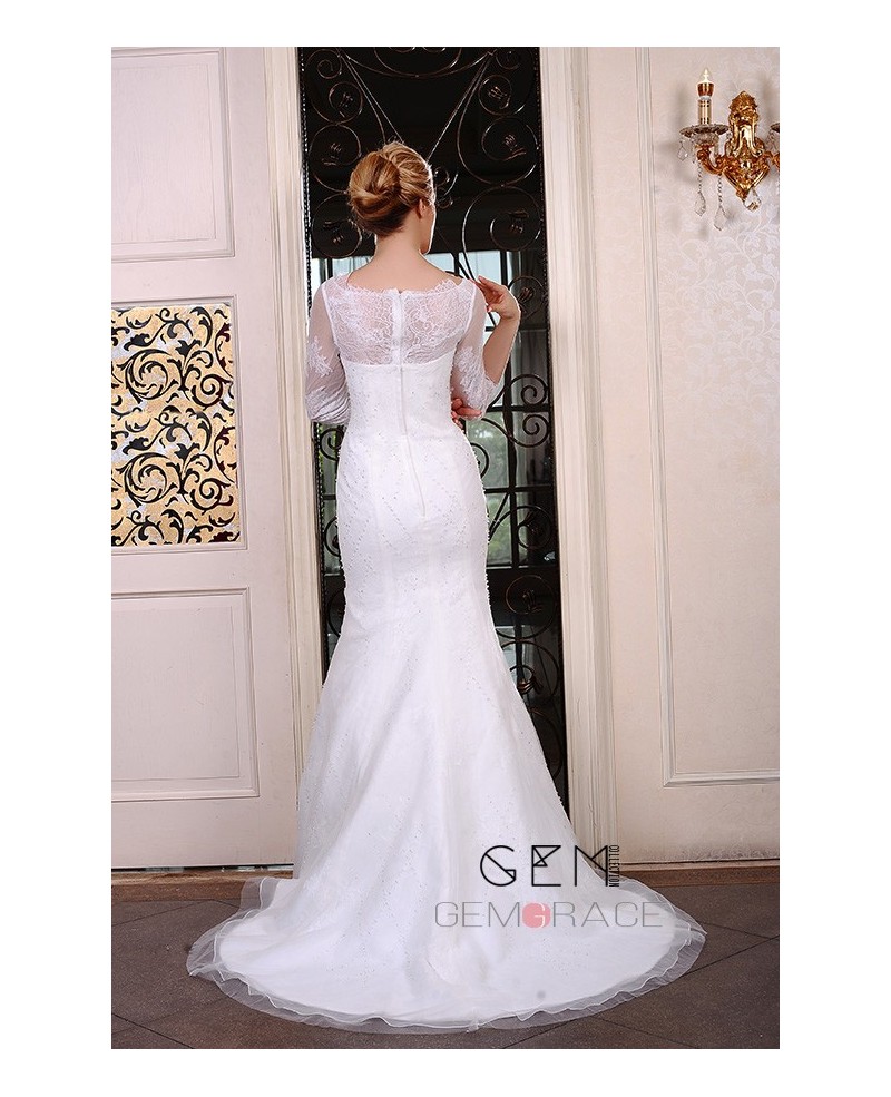 Mermaid Scoop Neck Sweep Train Organza Wedding Dress With Beading Appliques Lace