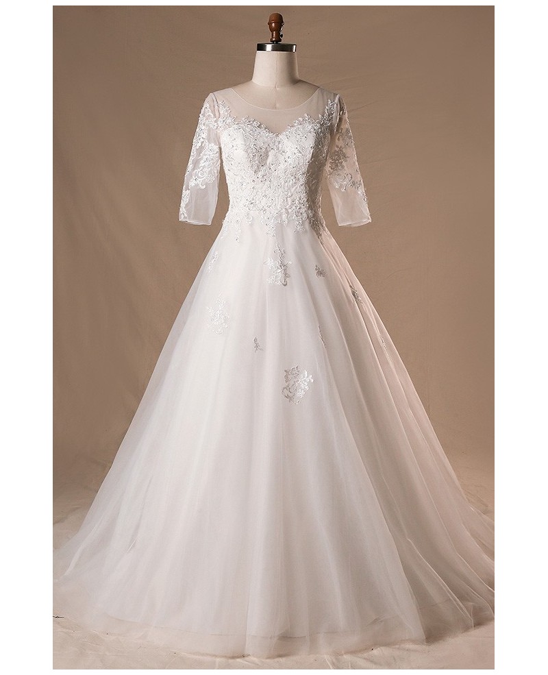 Plus Size Sheer Round Neck Lace Wedding Dress With Half Sleeves