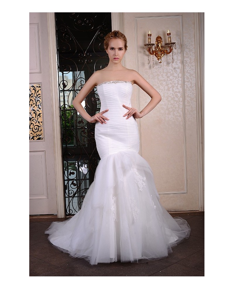 Mermaid Strapless Court Train Organza Wedding Dress With Beading Appliques Lace Pleated
