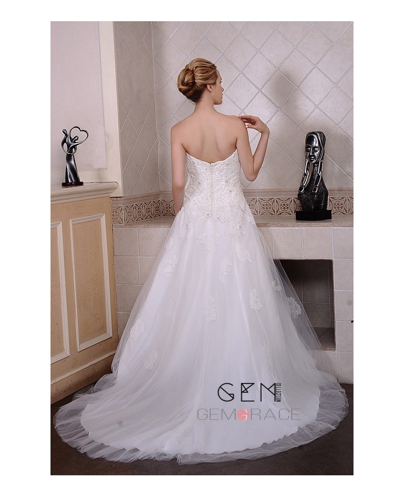 A-Line Sweetheart Court Train Tulle Wedding Dress With Beading Appliques Lace