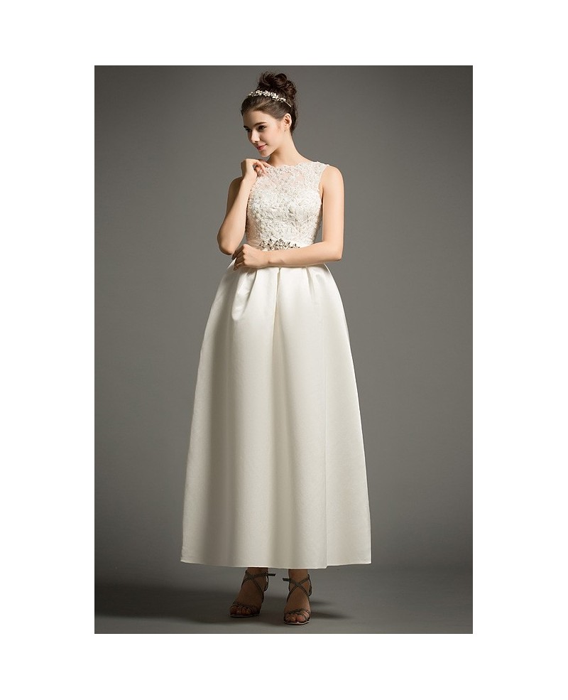 Simple A-Line Scoop Neck Ankle-Length Satin Wedding Dress With Appliques Lace