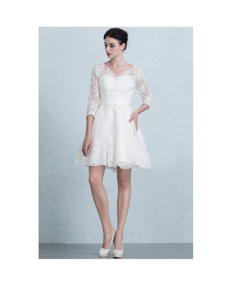 Stylish A-Line V-neck Short Tulle Wedding Dress With Appliques Lace